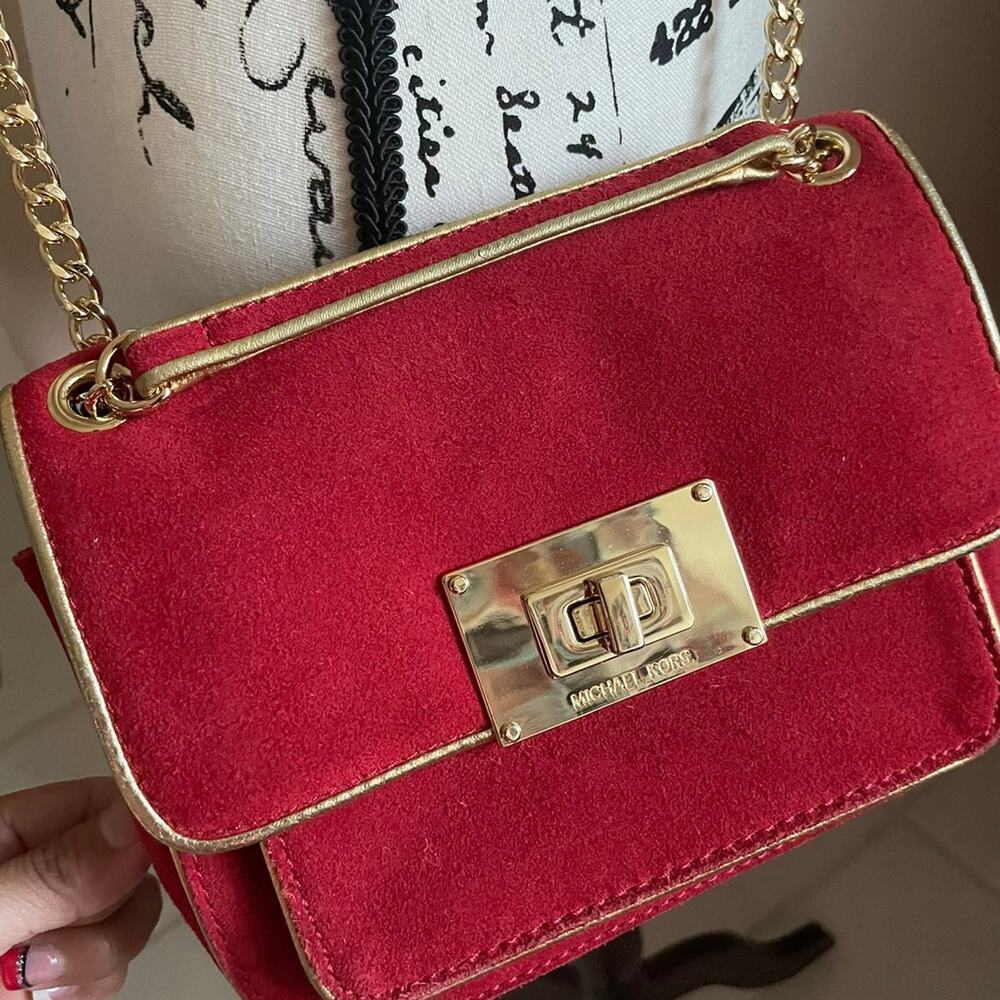 MICHAEL KORS CROSSBODY RED SUEDE GOLDEN STRAP SOPHISTICATED AESTHETIC CORE - Picture 3 of 12